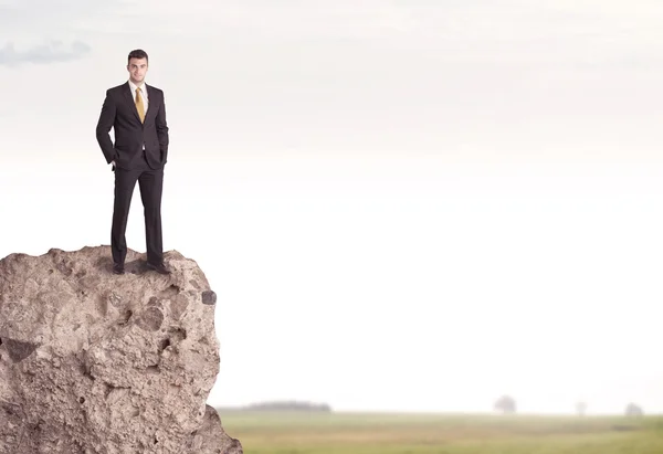 Happy salesman on cliff in the country — Stock Photo, Image