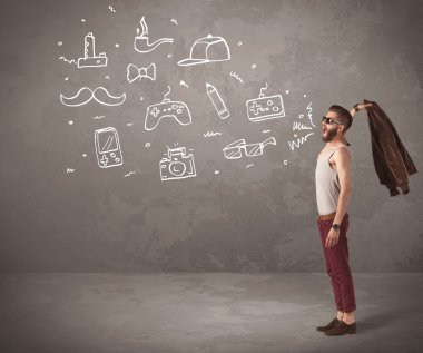 Komik hippi adam çizilmiş şeyler bağırıyor.