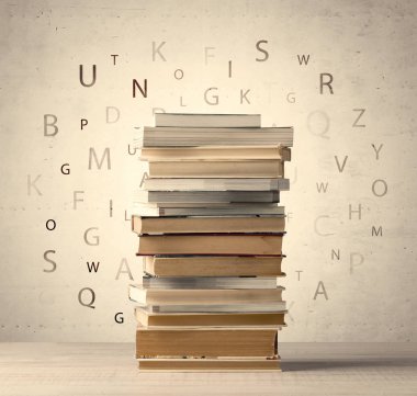 Books with flying letters on vintage background clipart