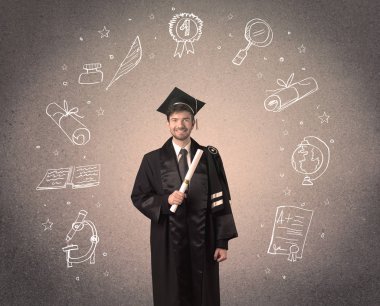 Elle çizilmiş okul ikonlarıyla mutlu bir öğrenci.