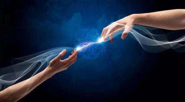 Hands connecting through fingers in space — Stock Photo, Image