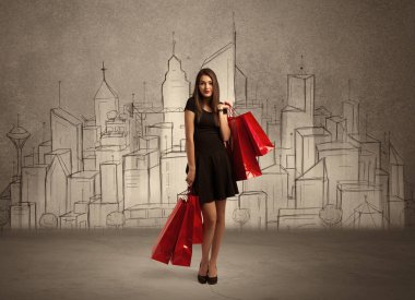 Shopping girl with bags in drawn city clipart