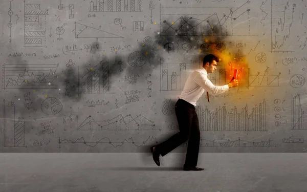 Running business man with fire laptop — Stock Photo, Image