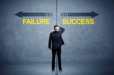 Businessman standing in front of success and failure arrow conce clipart