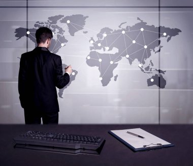 Dünya Haritası üzerinde nokta çizim iş kişi