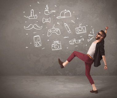 Komik hippi adam çizilmiş şeyler bağırıyor.