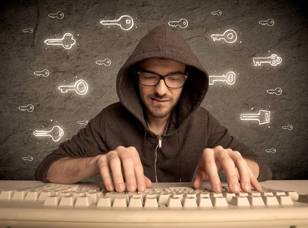 Hacker nörd kille med dragna lösenord nycklar — Stockfoto