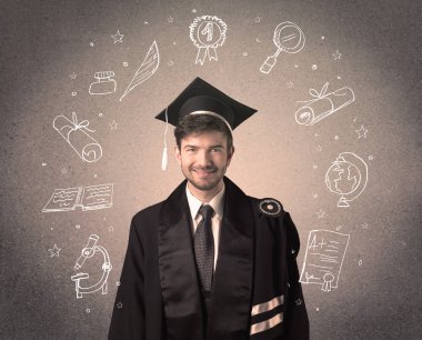 Elle çizilmiş okul ikonlarıyla mutlu bir öğrenci.