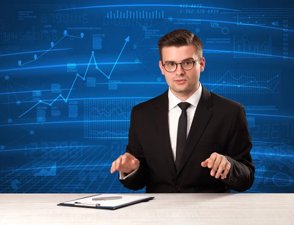 Stock data analyst in studio giving adivce on blue chart backgro — Stock Photo, Image