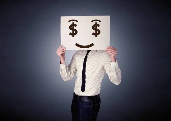Businessman holding paper with greedy emotion — Stock Photo, Image
