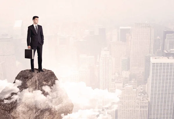 Felice uomo d'affari in piedi sulla cima di pietra — Foto Stock