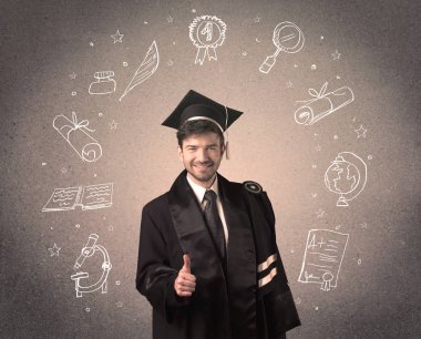 Elle çizilmiş okul ikonlarıyla mutlu bir öğrenci.