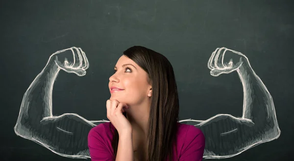 Woman with sketched strong and muscled arms — Stock Photo, Image