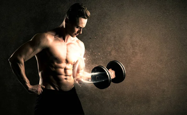 Bodybuilder tillen gewicht met energetische witte lijnen concept — Stockfoto