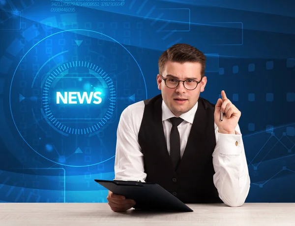 Modern televison presenter telling the news with tehnology backg — Stock Photo, Image