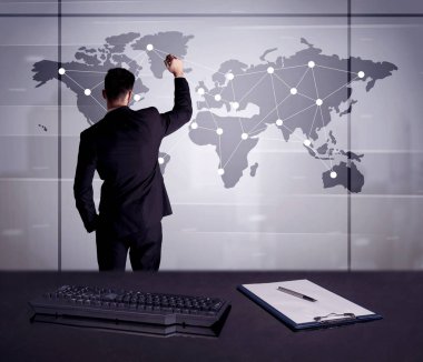 Dünya Haritası üzerinde nokta çizim iş kişi