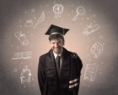 Elle çizilmiş okul ikonlarıyla mutlu bir öğrenci.