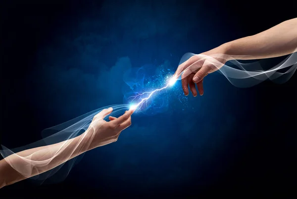 Hands connecting through fingers in space — Stock Photo, Image