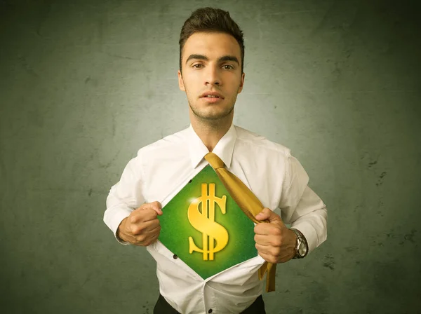 Zakenman scheuren uit zijn shirt met dollarteken op borst — Stockfoto