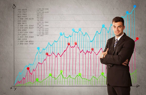 Красочный график с цифрами и бизнесмен — стоковое фото