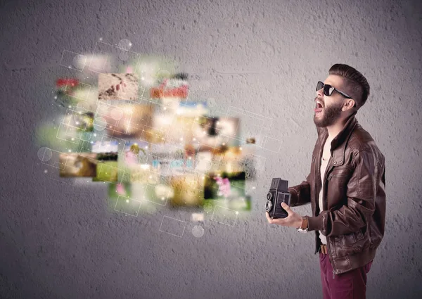 Young malewith beard taking vintage photos — Stock Photo, Image