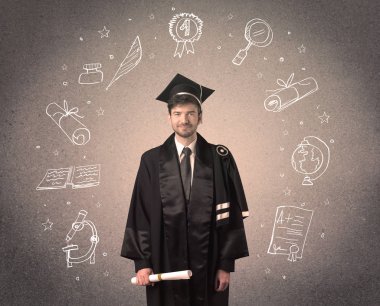 Elle çizilmiş okul ikonlarıyla mutlu bir öğrenci.