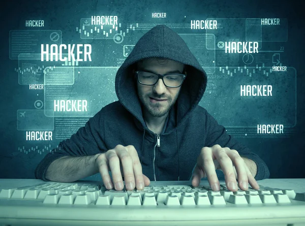 Hacker with keyboard and glasses — Stock Photo, Image