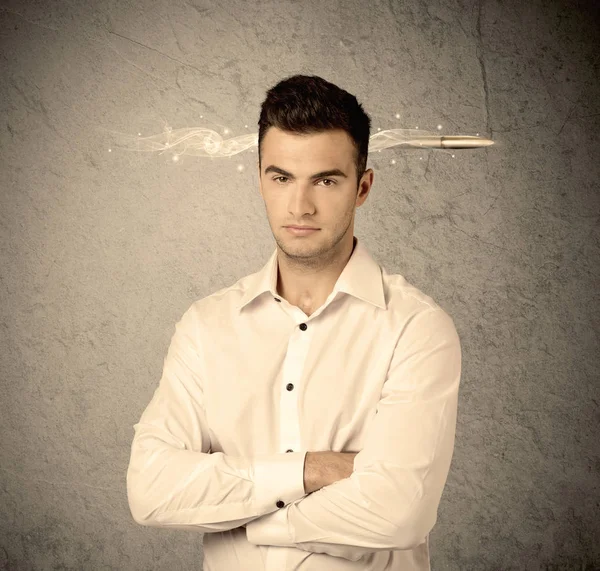 Fast creative sales guy with smoking bullet — Stock Photo, Image