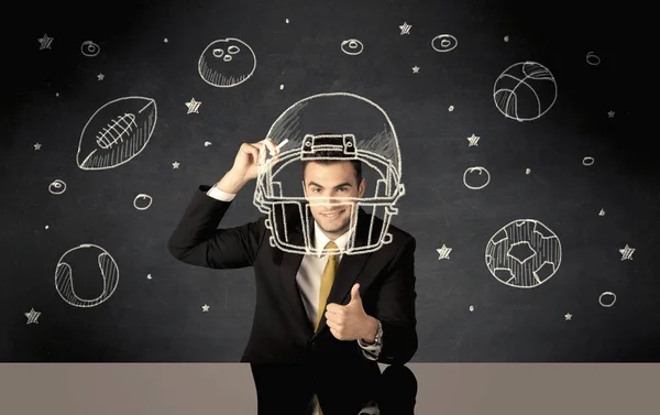 Empresário desenho capacete e bolas desportivas — Fotografia de Stock