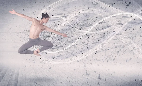 Bailarina de ballet de rendimiento saltando con partículas de explosión de energía — Foto de Stock