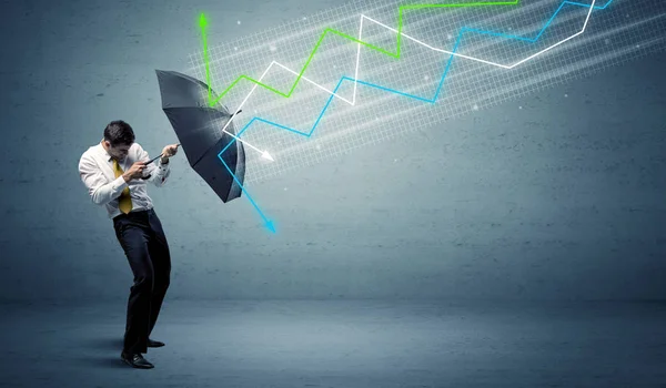 Business person with umbrella and stock market arrows concept — Stock Photo, Image