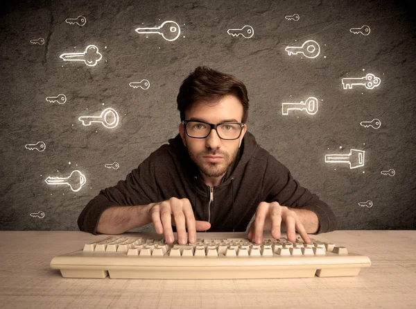 Hacker nerd guy with drawn password keys — Stock Photo, Image