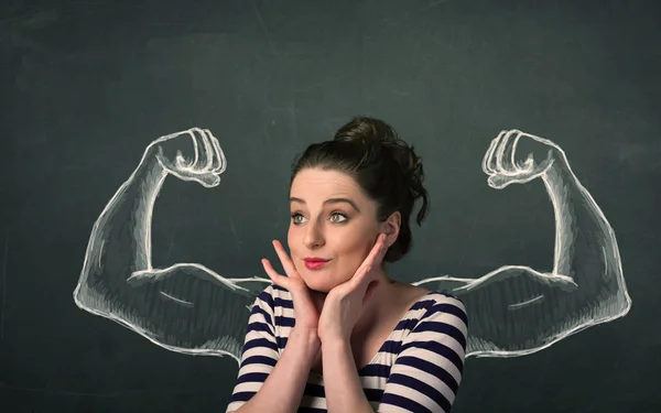 Woman with sketched strong and muscled arms — Stock Photo, Image