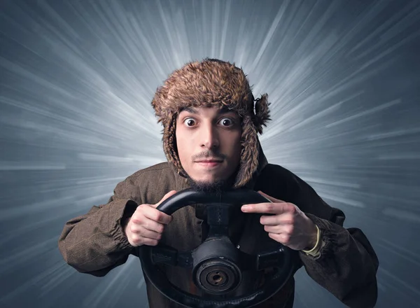 Man holding steering wheel — Stock Photo, Image