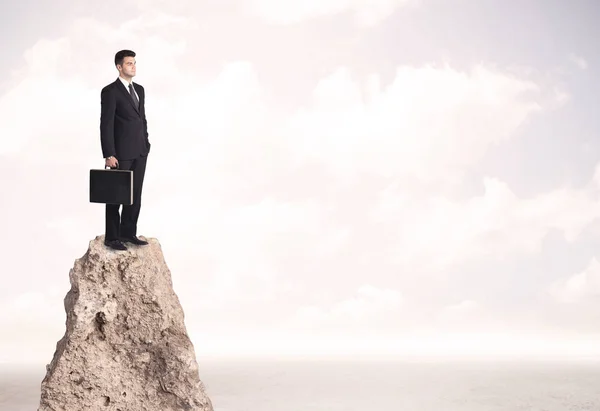Счастливый бизнесмен, стоящий на скале — стоковое фото