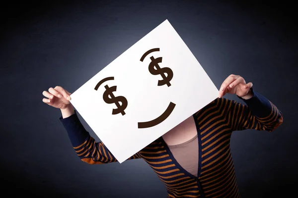 Woman holding paper with greedy emotion — Stock Photo, Image