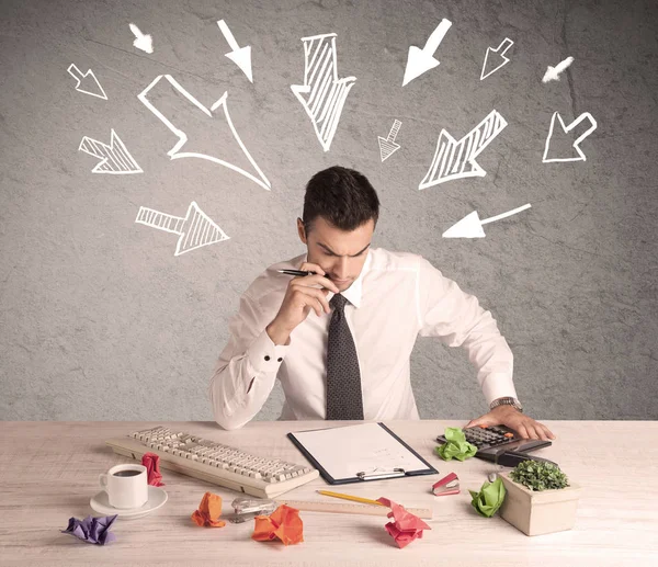 Busy office worker with drawn arrows — Stock Photo, Image