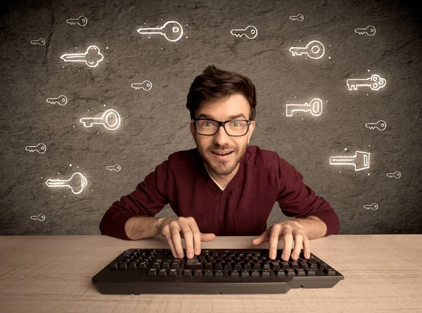 Hacker nerd guy with drawn password keys — Stock Photo, Image