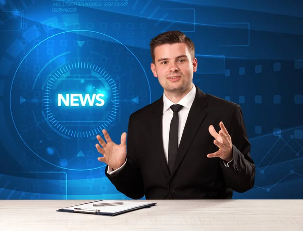 Modern televison presenter telling the news with tehnology backg — Stock Photo, Image