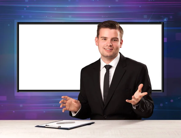 Television program host with big copy screen in his back — Stock Photo, Image