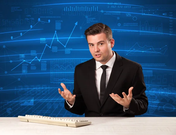 Stock data analyst in studio giving adivce on blue chart backgro — Stock Photo, Image