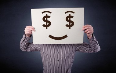 Aç gözlü duygu ile kağıt tutan işadamı 