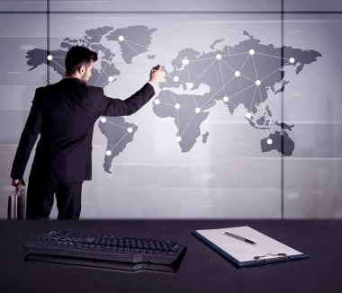 Dünya Haritası üzerinde nokta çizim iş kişi