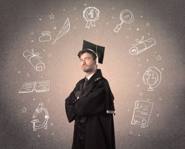 Elle çizilmiş okul ikonlarıyla mutlu bir öğrenci.