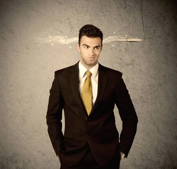 Fast creative sales guy with smoking bullet — Stock Photo, Image