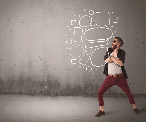 Shouting hipster with empty speech bubble — Stock Photo, Image