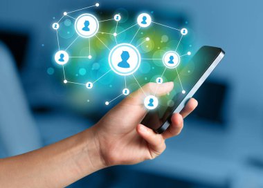 Smartphone, sosyal ağ kavramı işaret parmak