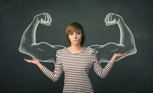 Woman with sketched strong and muscled arms — Stock Photo, Image