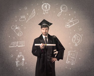 Elle çizilmiş okul ikonlarıyla mutlu bir öğrenci.