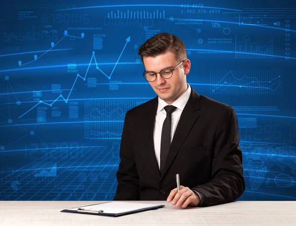 Stock data analyst in studio giving adivce on blue chart backgro — Stock Photo, Image